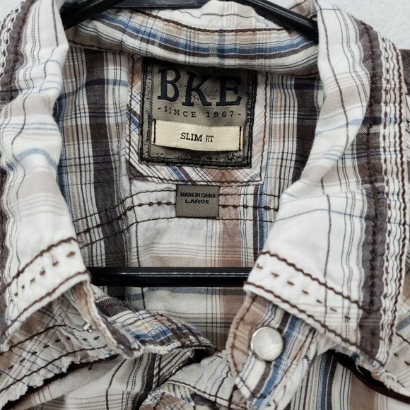 BKE Shirt Men's Long Sleeve Pearl Snap Up Striped Tan White Large*Western - Picture 7 of 12